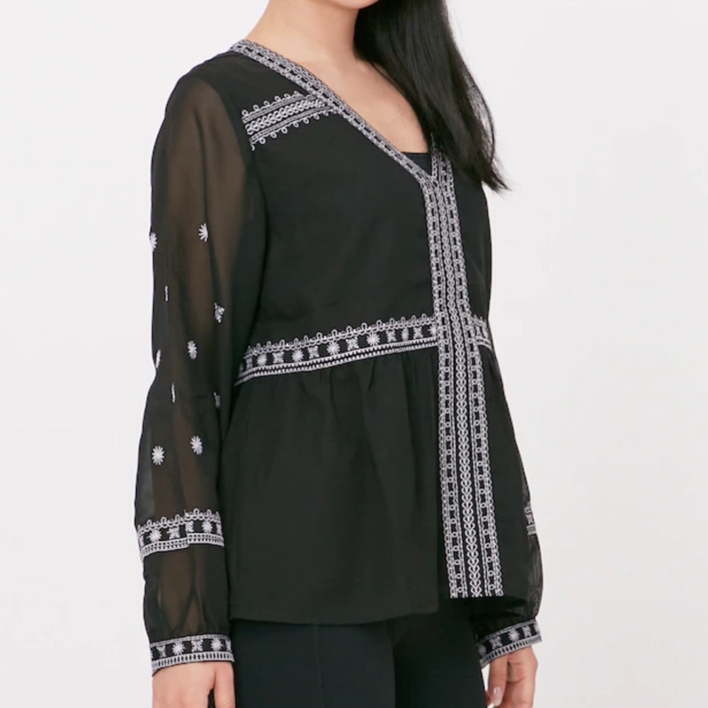 Sheer Double Lined Black Blouse with White Embroidery